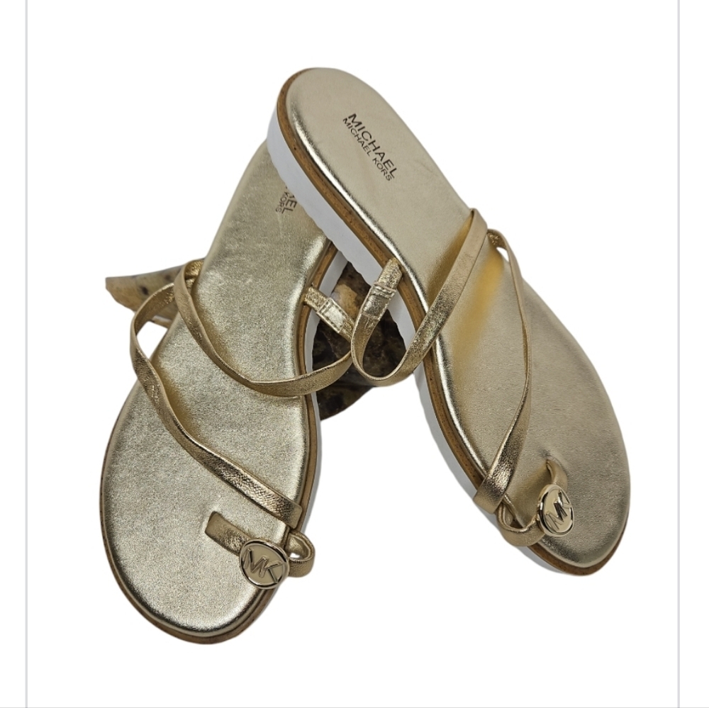 MICHAEL Michael Kors Letty Gold Metallic Logo Toe Ring Sandal Size 9